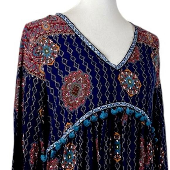Artistic Works by Lu Boho Swing Dress V-neck Fringe Blue Multi Women’s Size XL - Picture 6 of 11
